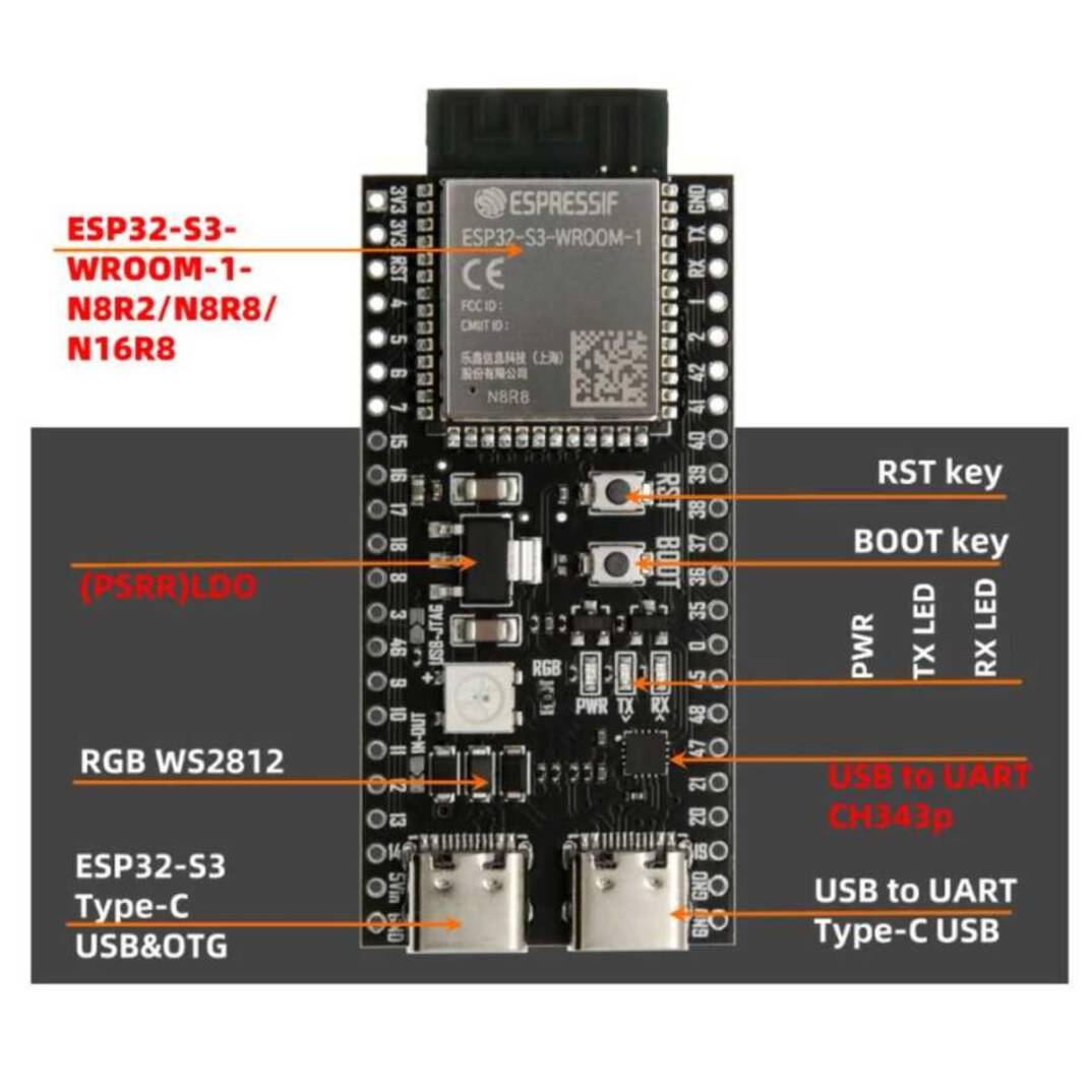 ESP32-S3 N16R8 WiFi Bluetooth Geliştirme Kartı - 16MB Flash, 8MB PSRAM, Lehimli - 4